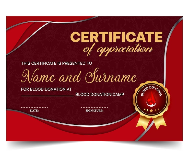 Certificado de agradecimiento por la donación de sangre en reconocimiento del acto de generosidad que salva vidas