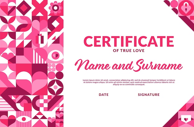Certificado de amor día de San Valentín formas geométricas