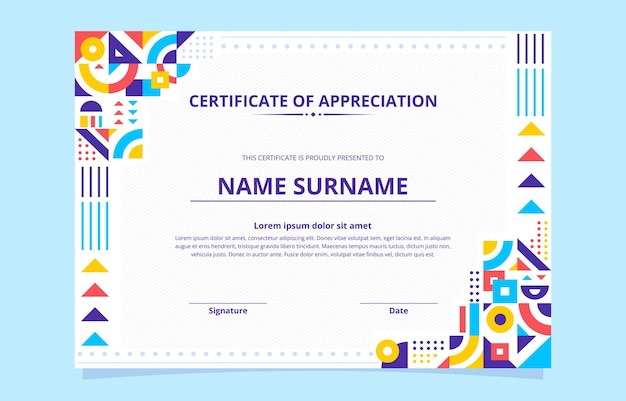 Certificado de aprecio con colorido diseño geométrico