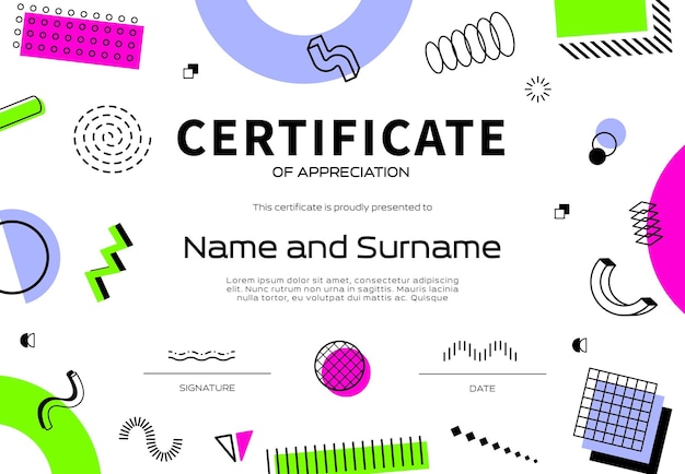 Certificado de aprecio con formas de Memphis