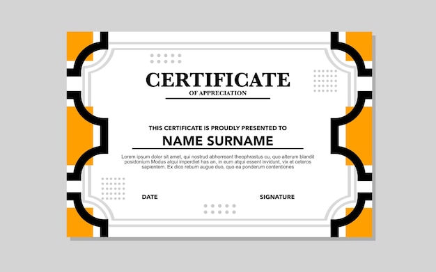 Un certificado de aprecio tiene diseños geométricos naranja y negro