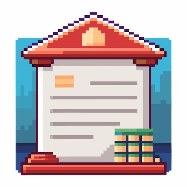 Certificado de arte de píxeles retro con diploma e ilustración de columnas