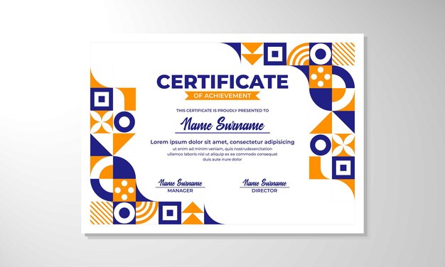 un certificado azul y amarillo con un patrón amarillo y azul