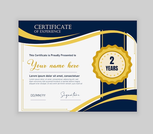Vector un certificado azul y dorado para el aniversario de la apertura de la apertura
