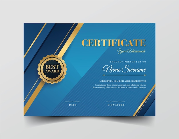 Certificado azul y dorado con una línea dorada y una línea azul
