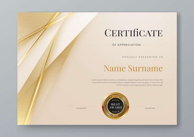 Certificado beige blanco y dorado de lujo corporativo y plantilla moderna Para el logro corporativo premio de diploma graduación finalización aprecio reconocimiento reconocimiento etc.