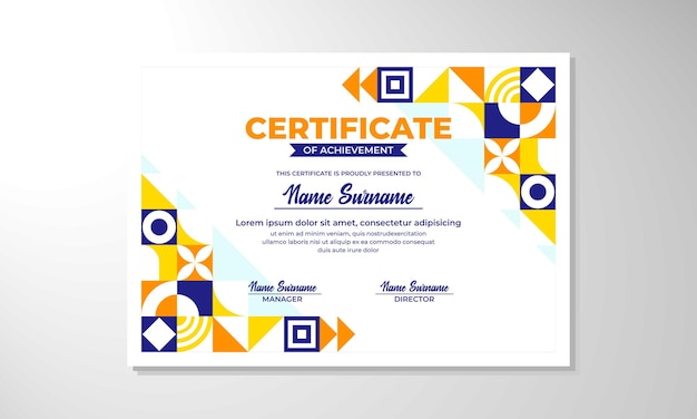 un certificado blanco y azul con un diseño amarillo y azul