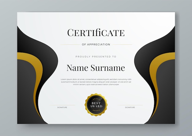 Certificado blanco y negro de oro de lujo corporativo y plantilla moderna Para logros corporativos premio de diploma graduación finalización aprecio reconocimiento reconocimiento etc.