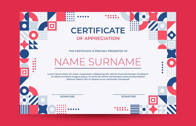 un certificado blanco y rojo con un patrón rojo y azul