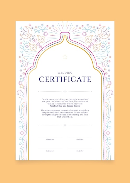 Vector certificado de boda con tema oriental