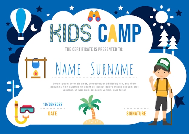 Certificado campamento de verano niños diploma jardín de infantes plantilla diseño naturaleza eco vector