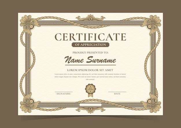 un certificado del certificado de nombre se muestra sobre un fondo marrón