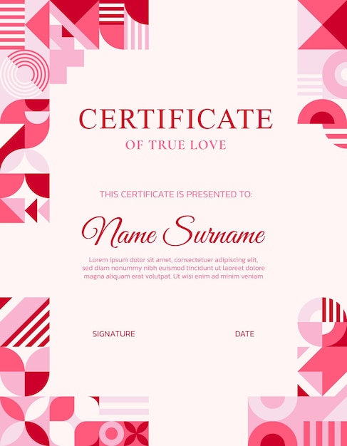Certificado de día de San Valentín con formas geométricas