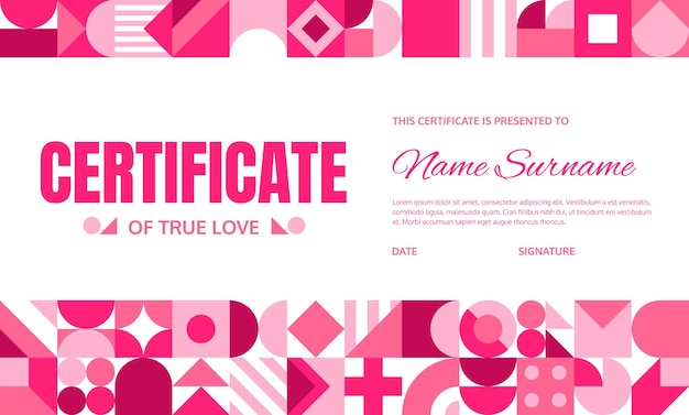 Certificado de día de San Valentín con formas geométricas