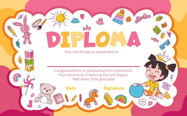 Vector certificado de diploma escolar y preescolar colorido para niños y niños en jardín de infantes