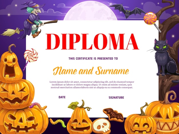 Vector certificado de diploma infantil con calabazas de halloween