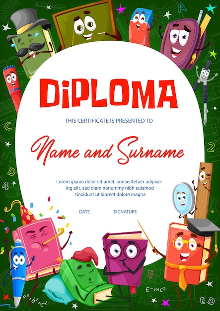 Certificado de diploma para niños con libros de dibujos animados, libros de texto y personajes de material escolar. Diploma de educación infantil, plantilla de certificado de graduación de escuela o jardín de infantes con fondo de pizarra