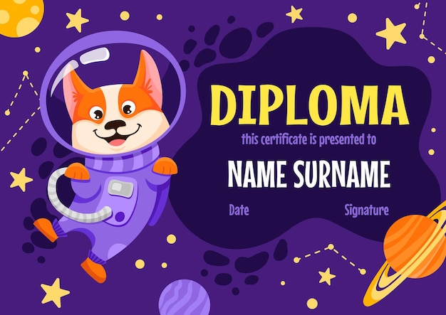 Certificado de diploma para niños para niños en jardín de infantes y escuela primaria con lindo perro astronauta