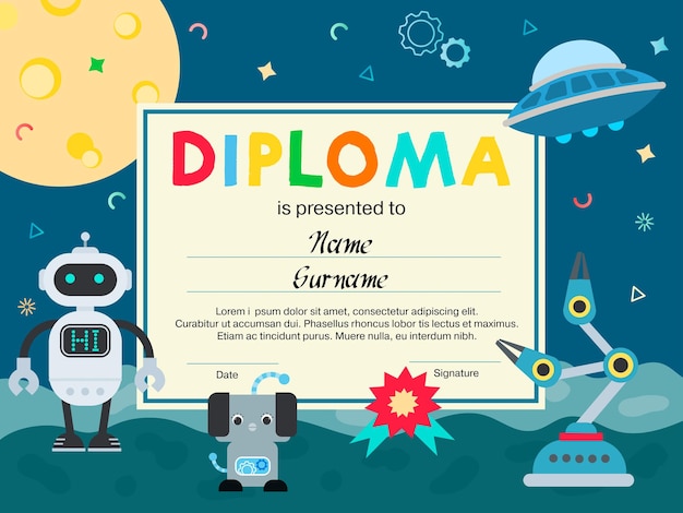 Certificado diploma premio ovni robots espacio inteligencia artificial vector ilustración