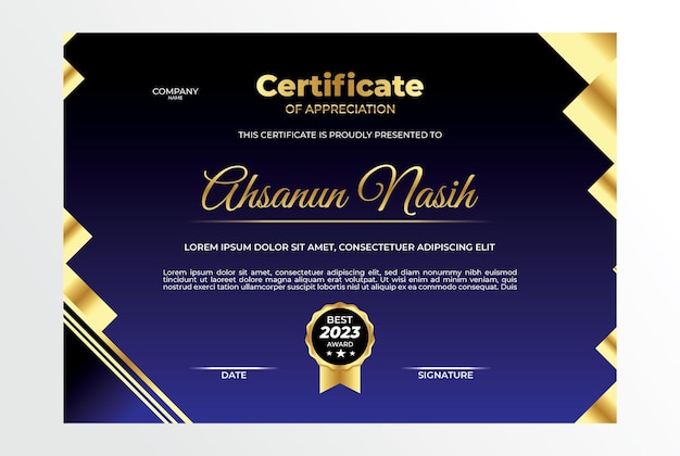 Certificado diseño plano oro azul