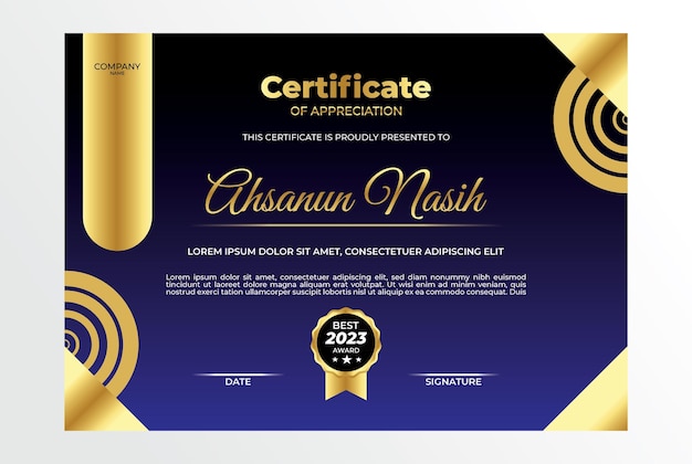 Certificado diseño plano oro azul