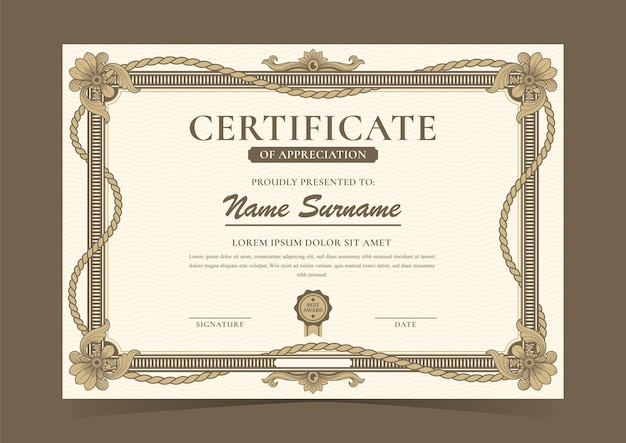 un certificado dorado y marrón con un marco dorado en la parte inferior