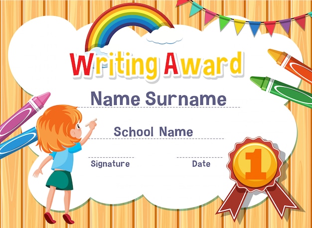 Vector certificado para escribir premio con escritura de niña