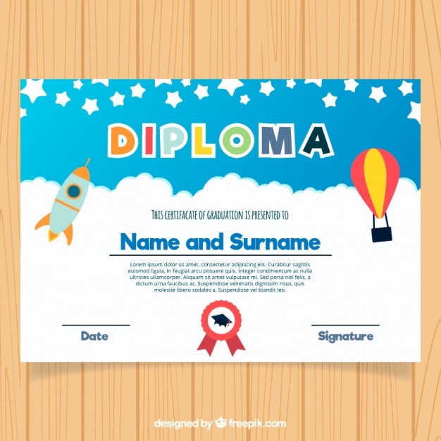 Vector certificado de graduación colorido para niños en diseño plano