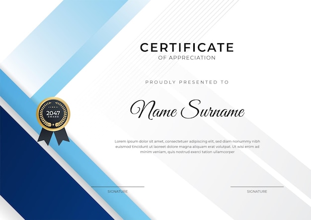 Certificado de logro diseño de plantilla azul con insignia de oro y borde para premios de negocios honor y escuela