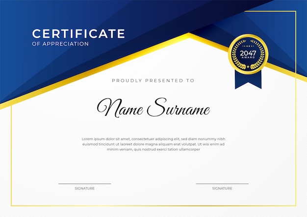 Certificado de logro diseño de plantilla azul con insignia de oro y borde para premios de negocios honor y escuela