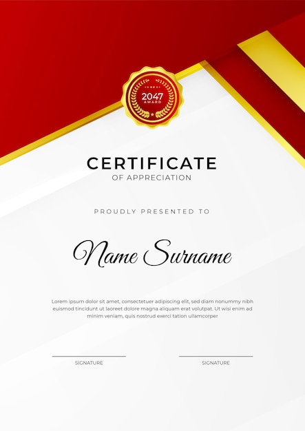 Certificado de logro diseño de plantilla roja con insignia de oro y borde para premios de negocios honor y escuela