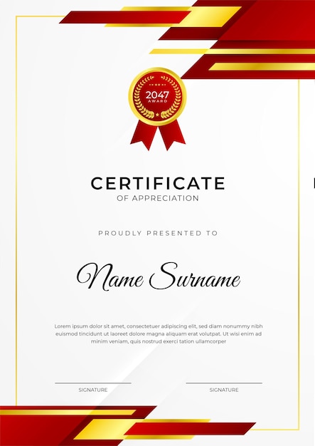 Certificado de logro diseño de plantilla roja con insignia de oro y borde para premios de negocios honor y escuela
