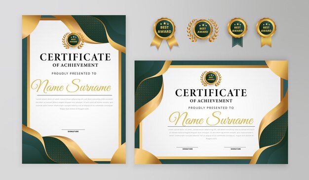 Vector certificado de logro de lujo degradado verde y dorado con plantilla de diseño de insignias doradas