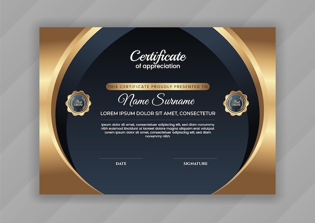 Certificado de logro con oro y colo oscuro.