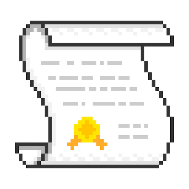 Certificado de logro premio de éxito hoja de documento patentado diseño de icono de pixel art de juego de 8 bits