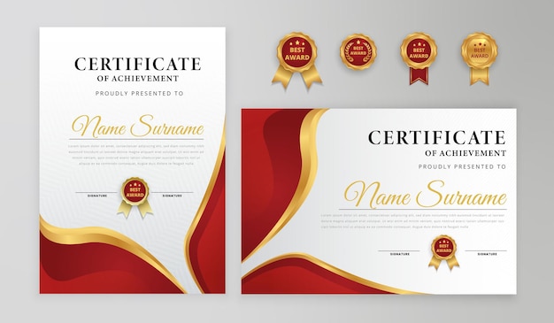 Certificado de logros rojo y dorado elegante y moderno para las necesidades comerciales y educativas de premios con plantilla de patrón de línea de insignias