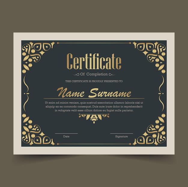 Certificado de lujo negro y dorado con color marco dorado