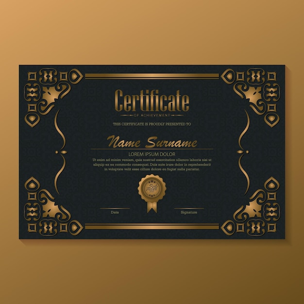 Certificado de lujo negro y dorado con color marco dorado