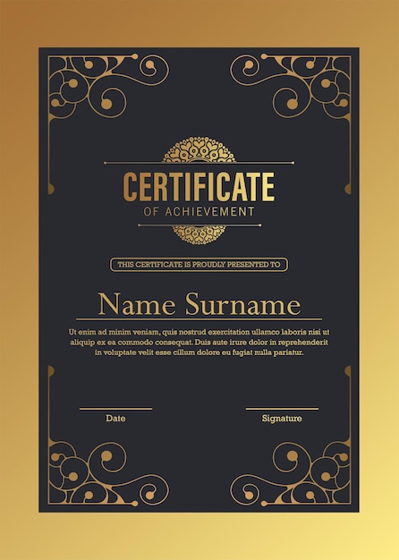 Certificado de lujo negro y dorado con color marco dorado
