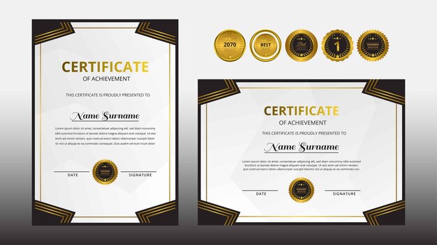 Certificado de lujo negro dorado degradado con distintivo dorado para necesidades educativas y comerciales de premios