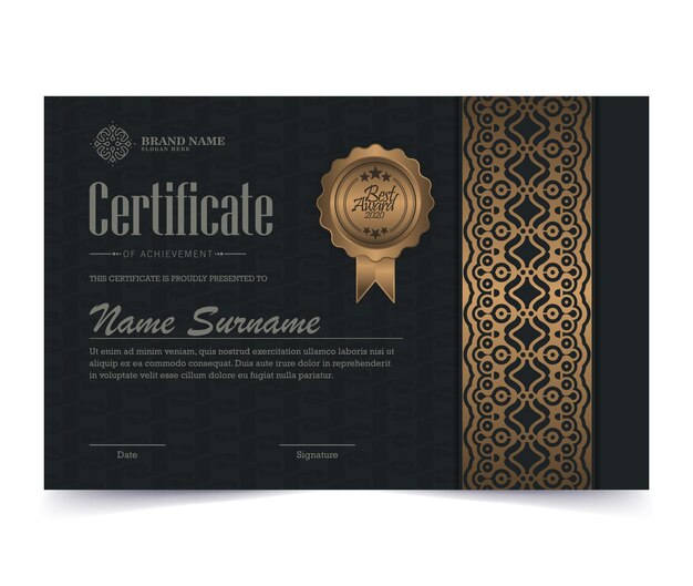 Certificado de lujo negro y dorado con marco dorado.