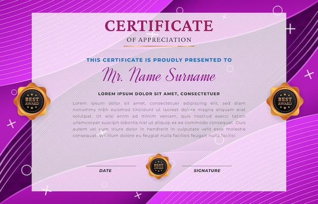 certificado de mejor premio moderno por logro y aprecio recompensa con espacio en blanco diseño de fondo púrpura con gradiente abstracto