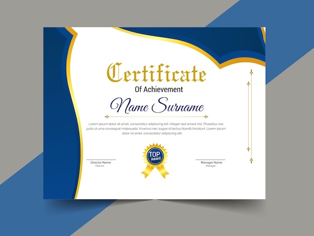certificado moderno de diseño de plantilla de logro certificado de diploma azul y dorado elegante de lujo