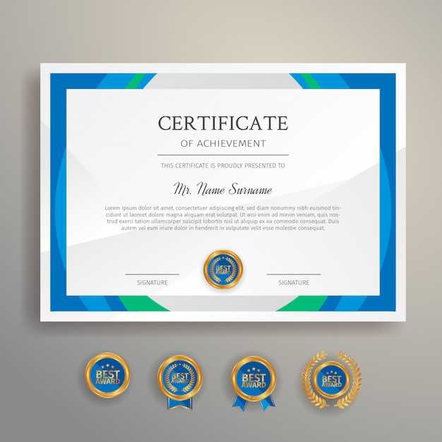 Vector certificado moderno con insignias de oro set plantilla