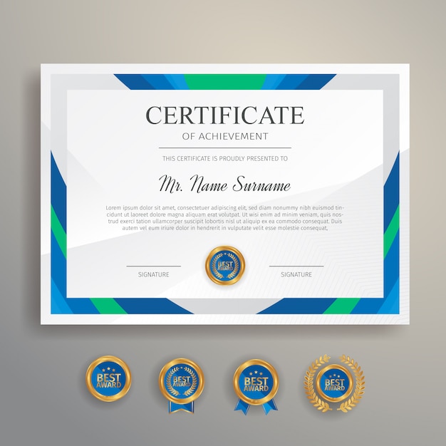 Certificado moderno y limpio en color azul y verde con insignia dorada y plantilla de borde