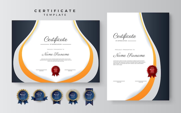 Certificado moderno Plantilla de borde de certificado de diploma con insignias para negocios y educación de premios