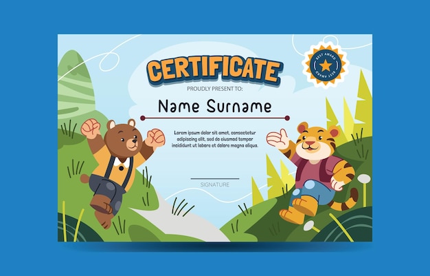 Certificado para niños con tema de oso y tigre