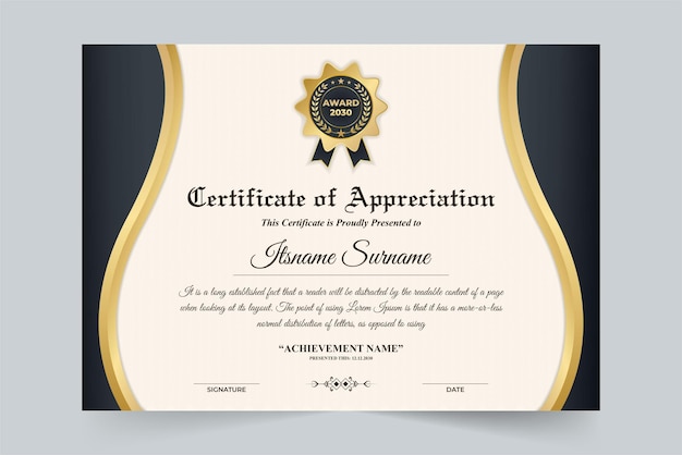 Certificado de oficina creativa y diseño de credencial de honor con colores oscuros y dorados Vector de credencial comercial profesional para reconocimiento Logro y certificado de premio para la educación