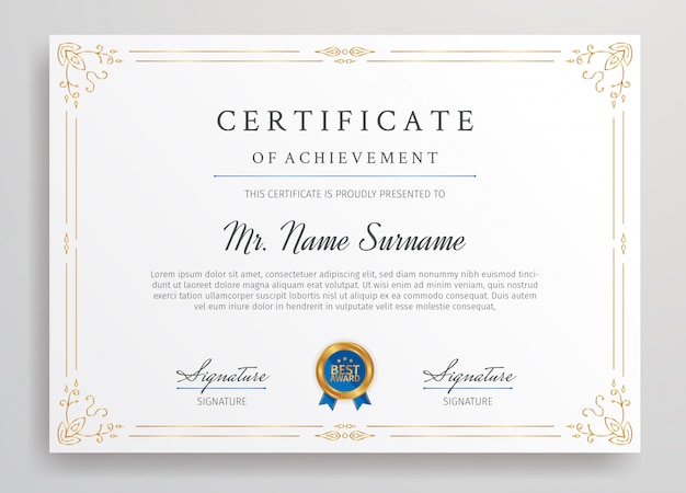 Certificado de oro de logro plantilla de borde con insignia azul tamaño A4