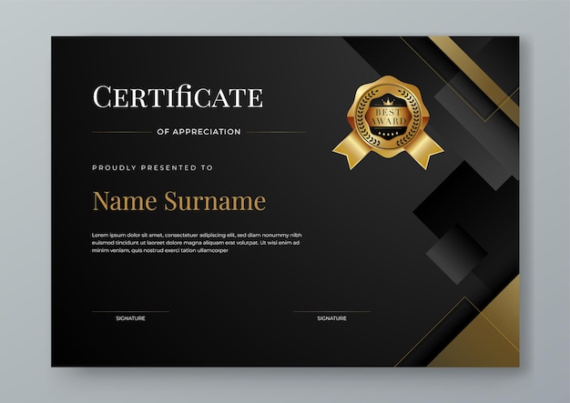 Certificado de oro negro y blanco modelo moderno elegante y de lujo con formas para el reconocimiento de premios de logros diploma corporativo y educación